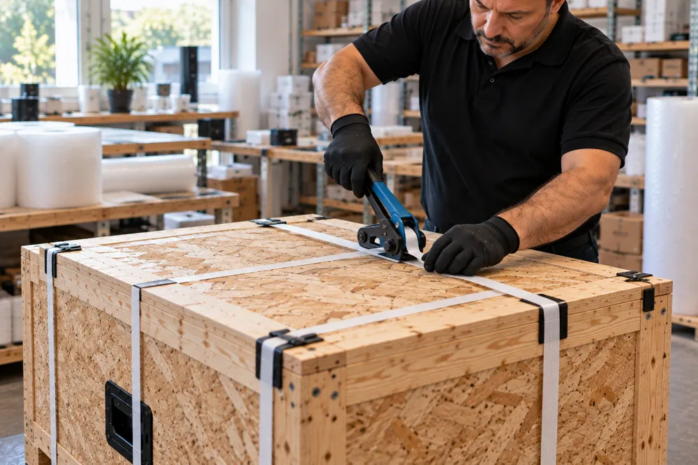 Maßgefertigte OSB-Transportkiste wird umreift